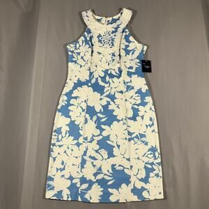 Just Taylor Dress Womens 4 Blue White Floral Lace Sheath Sleeveless Party